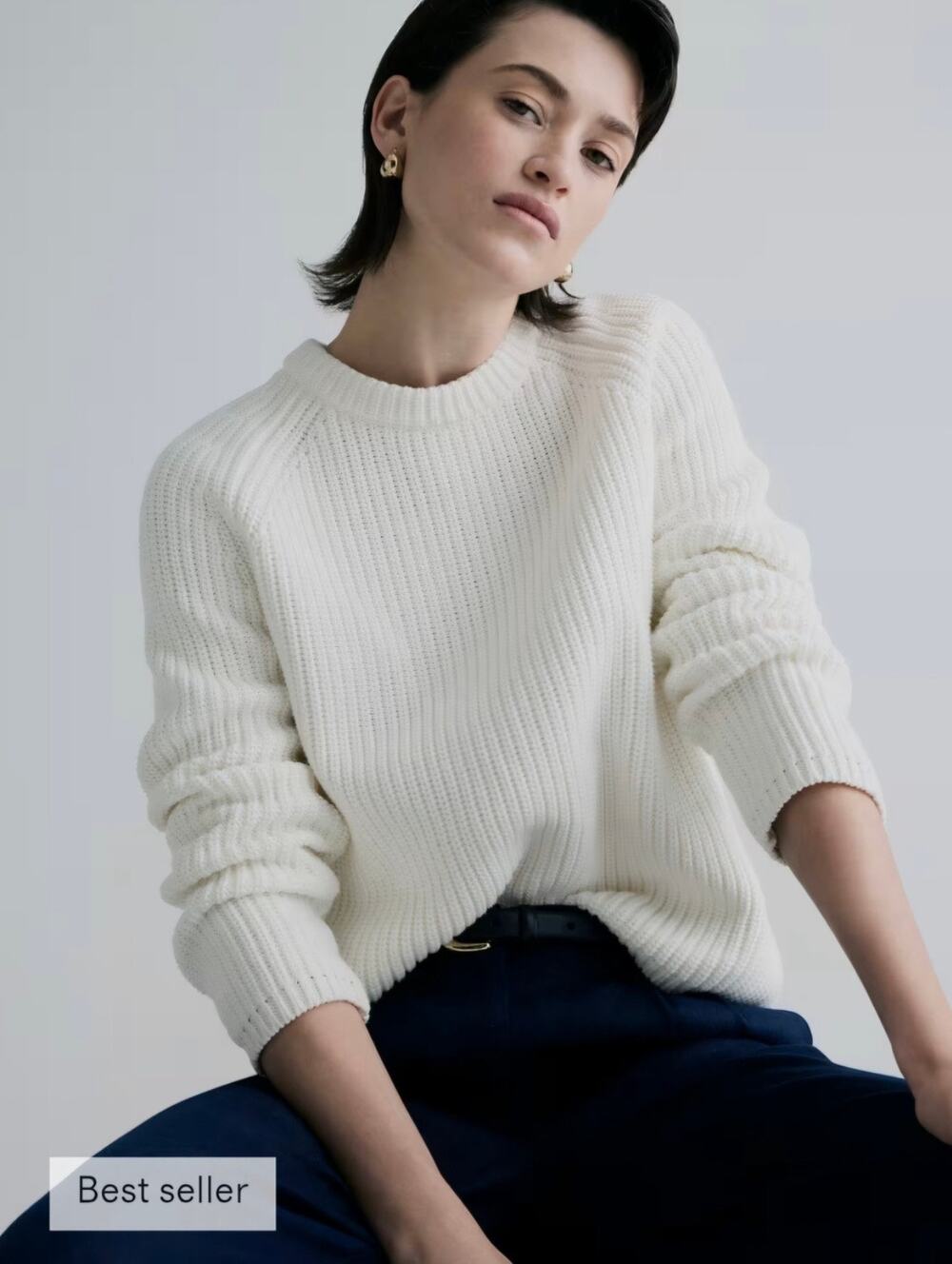 Quince white cotton ribbed crewneck pullover fisherman’s sweater jumper SMALL